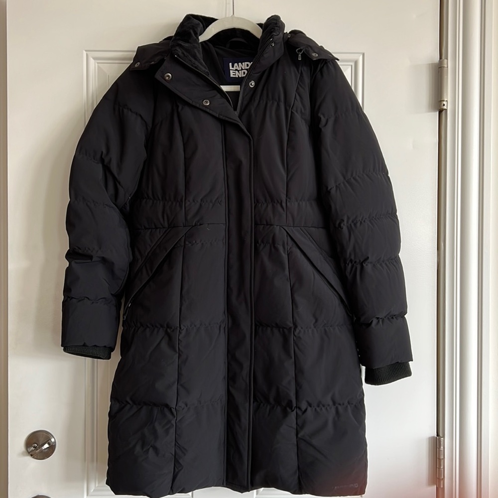 Lands’ End stretch down long parka black removable hood  size S worn once